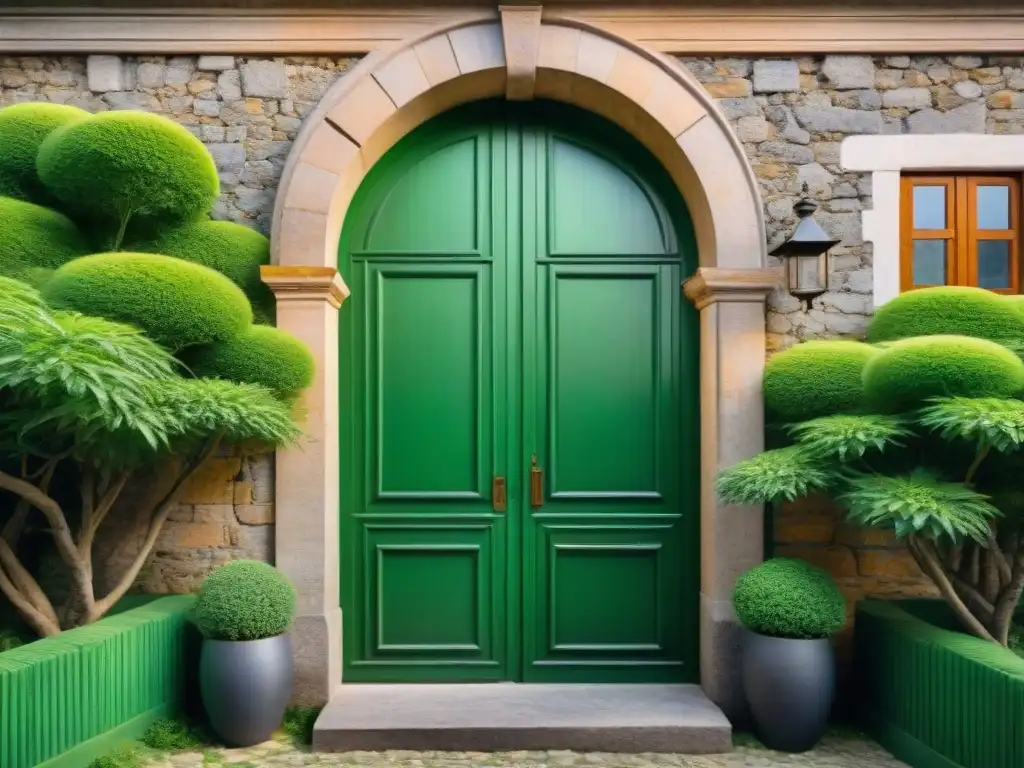 Fotografiando la majestuosidad de la arquitectura colonial en Uruguay: puerta de madera y hierro en arco de piedra con enredaderas verdes