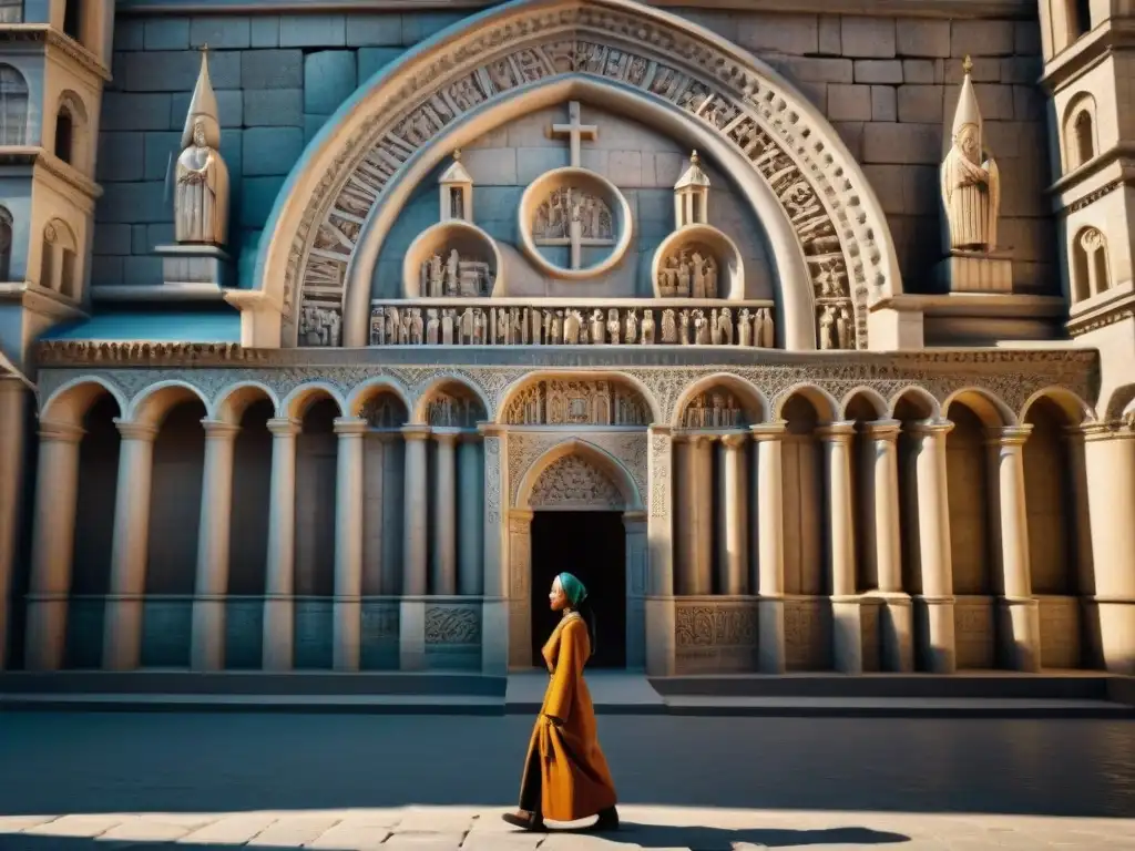 La majestuosidad de la fachada de la Catedral de Durazno, con sus detallados grabados y juego de luces y sombras