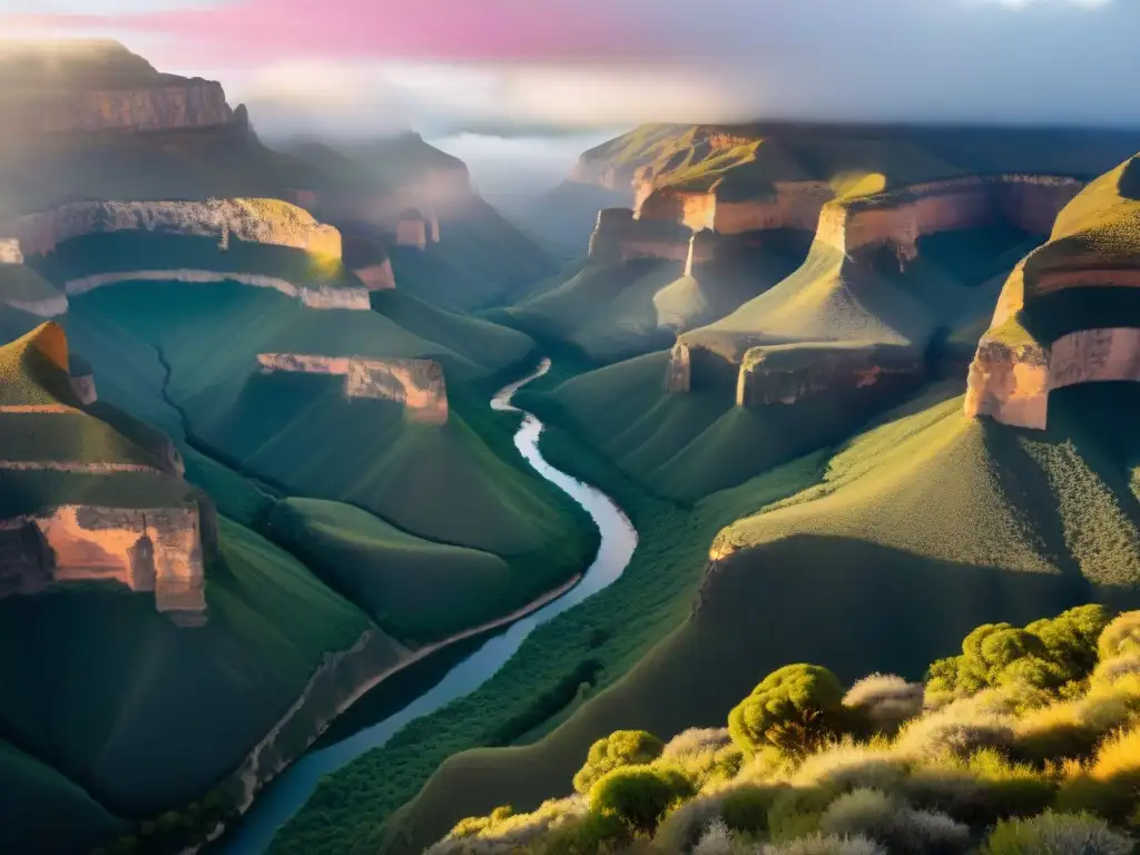 La majestuosidad de Quebrada de los Cuervos al amanecer, con sus acantilados iluminados por la primera luz del día