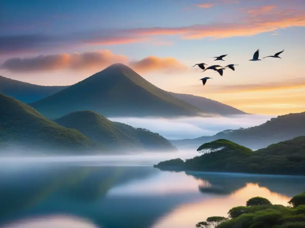 Majestuoso amanecer en Laguna Garzón con aves en vuelo, reflejando la serenidad de la observación de aves Laguna Garzón