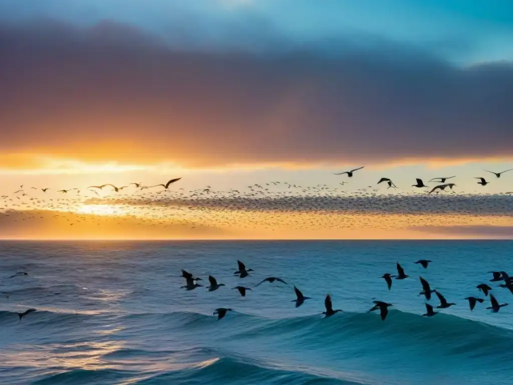 Un majestuoso atardecer en el horizonte marino de Uruguay con diversidad de aves en vuelo