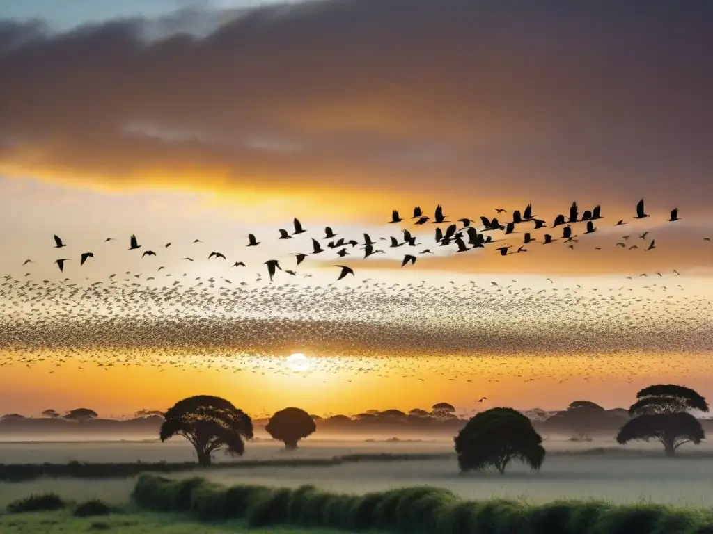 Un majestuoso atardecer en Uruguay con rutas migratorias aves