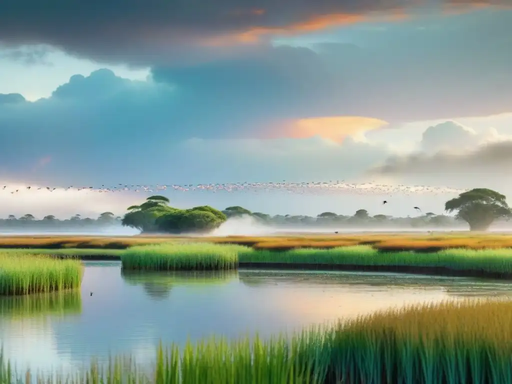 Un majestuoso avistamiento de aves en humedales Uruguay con una variedad de especies coloridas surcando el cielo