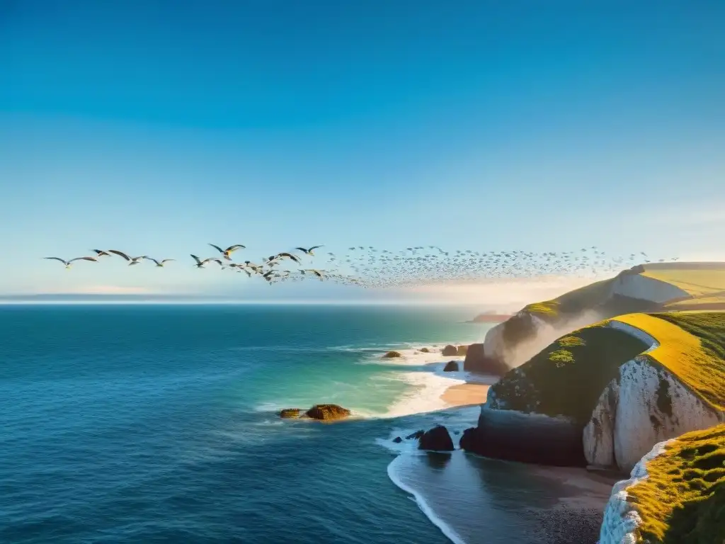 Majestuoso avistamiento de aves marinas en Uruguay, deslumbrantes en vuelo sobre la costa