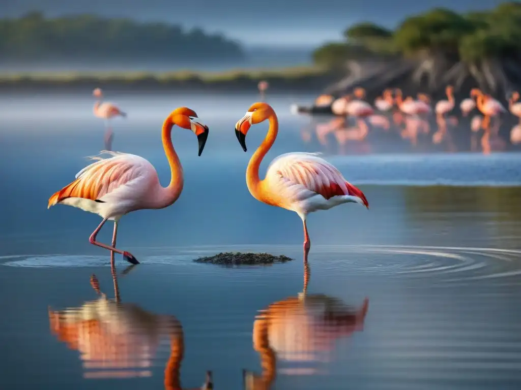 Majestuoso baile de cortejo de flamencos en Laguna Garzón al atardecer