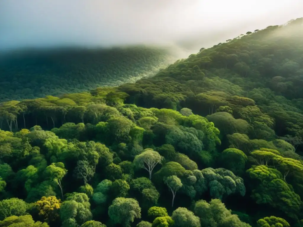 Un majestuoso bosque verde en Uruguay, con rayos de sol filtrándose a través del dosel