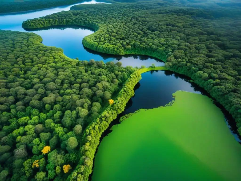 Un majestuoso bosque verde en Uruguay con un río serpenteante, mostrando la belleza natural y biodiversidad