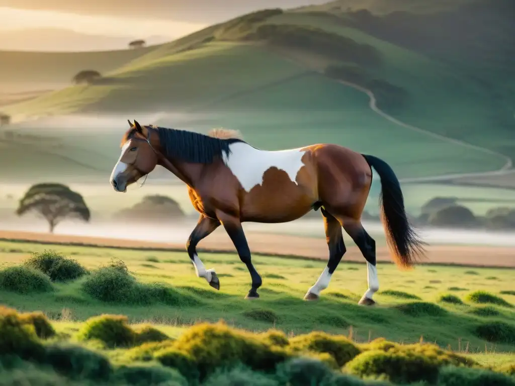 Un majestuoso caballo Gaúcho pasta en armonía en el campo uruguayo al atardecer, resaltando la conexión entre especies, conservación y naturaleza