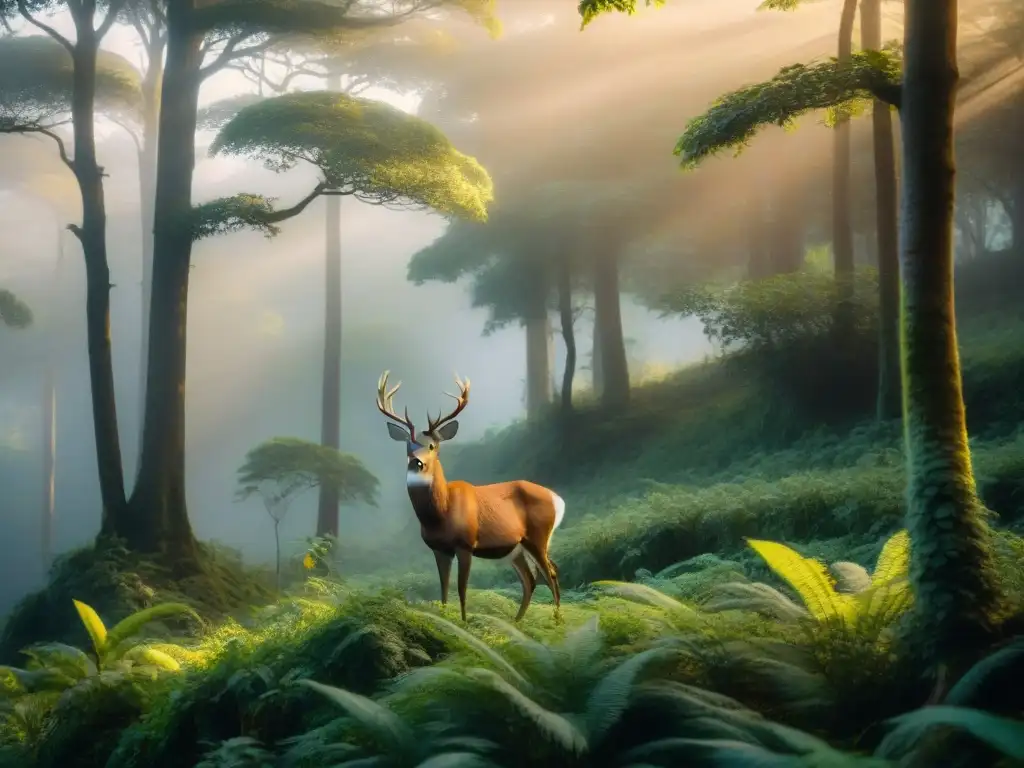 Un majestuoso ciervo guazubirá se destaca en la exuberante vegetación de las colinas de Guazubirá, iluminado por el sol entre el dosel