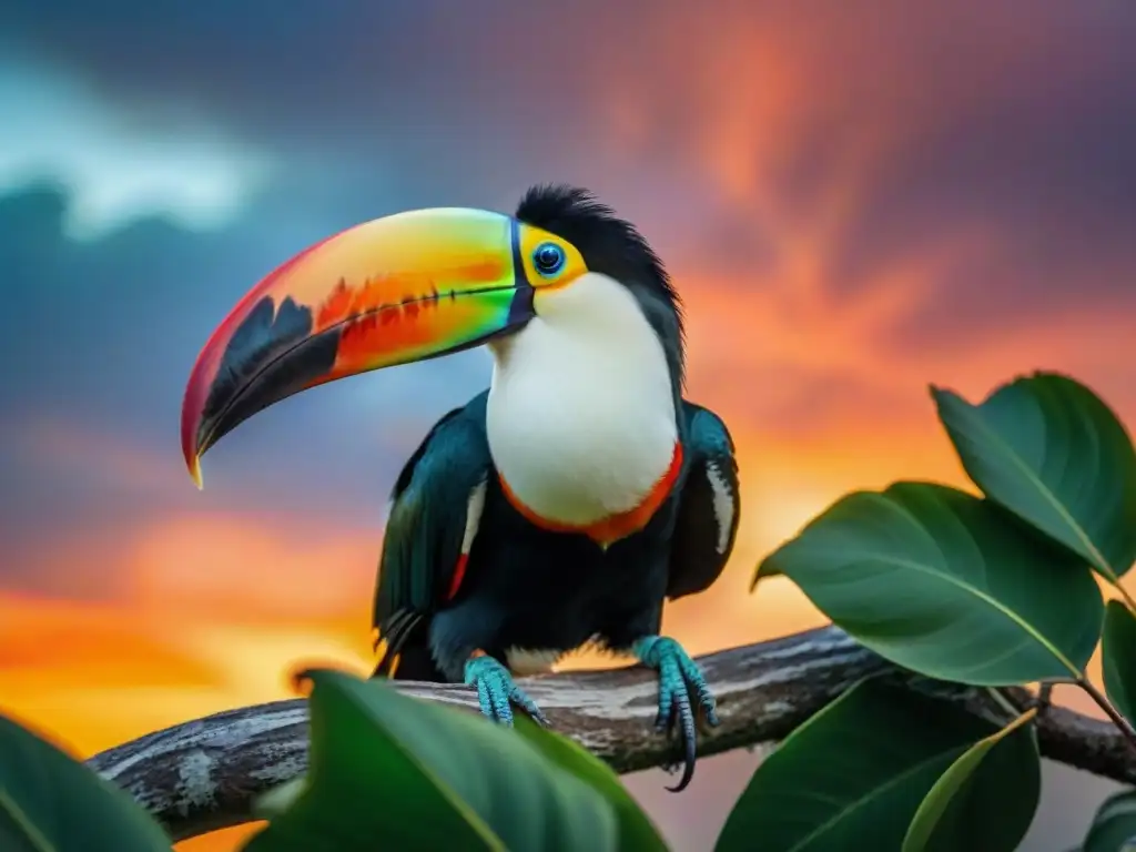 Un majestuoso tucán colorido posado en una rama verde, con un cielo vibrante de atardecer de fondo