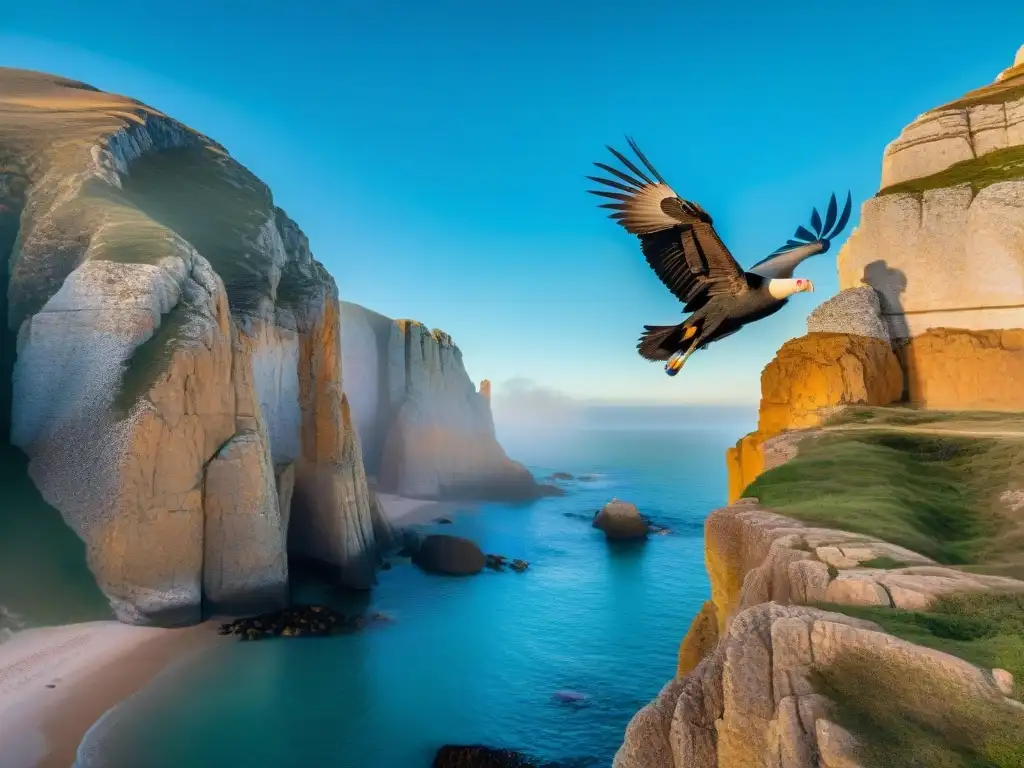 Un majestuoso cóndor planea sobre los acantilados de Cabo Polonio en Uruguay, simbolizando la libertad y poder de las aves rapaces