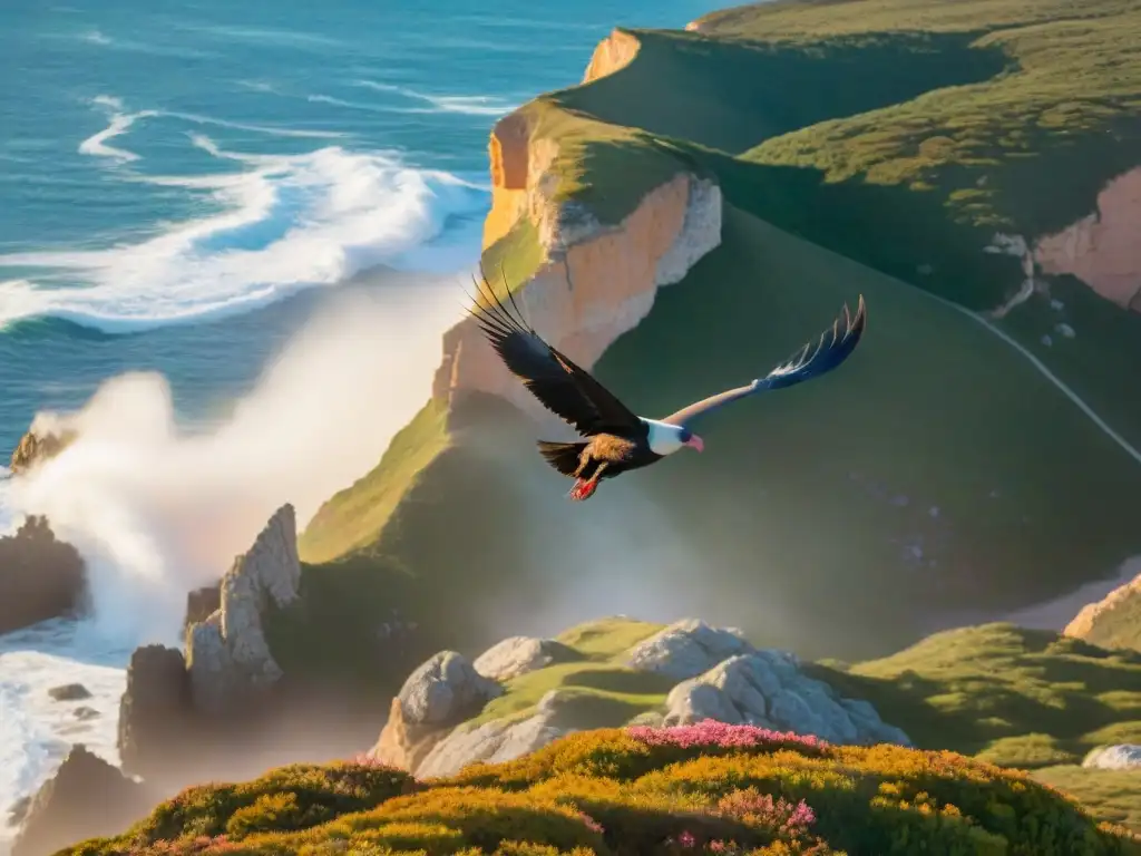 Un majestuoso cóndor sobrevolando los acantilados de Cabo Polonio al amanecer, con colores vibrantes pintando el cielo