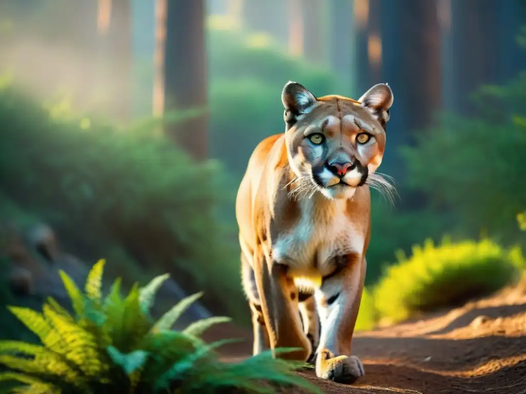 Un majestuoso puma dorado camina sigilosamente en el bosque de la Sierra de las Ánimas, iluminado por rayos de sol filtrados