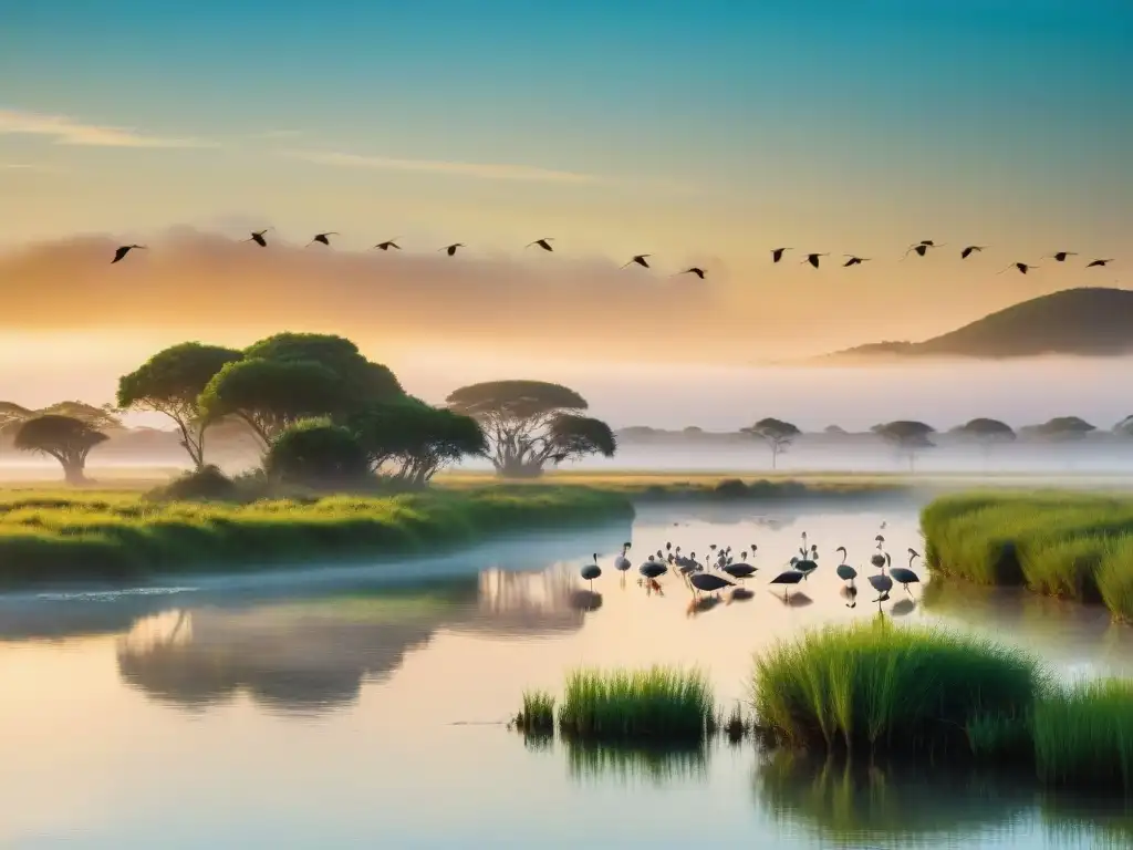 Majestuoso equipamiento avistamiento aves Uruguay al amanecer en humedal sereno con flamencos, garzas e ibis