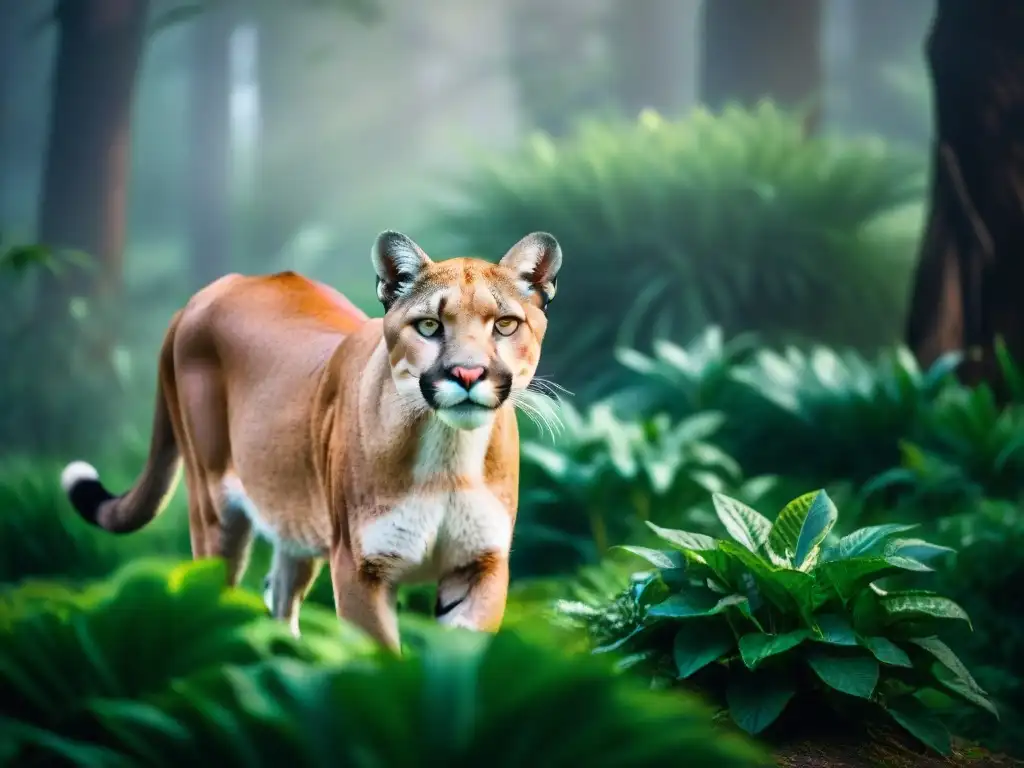 Un majestuoso puma acechando en la exuberante selva uruguaya