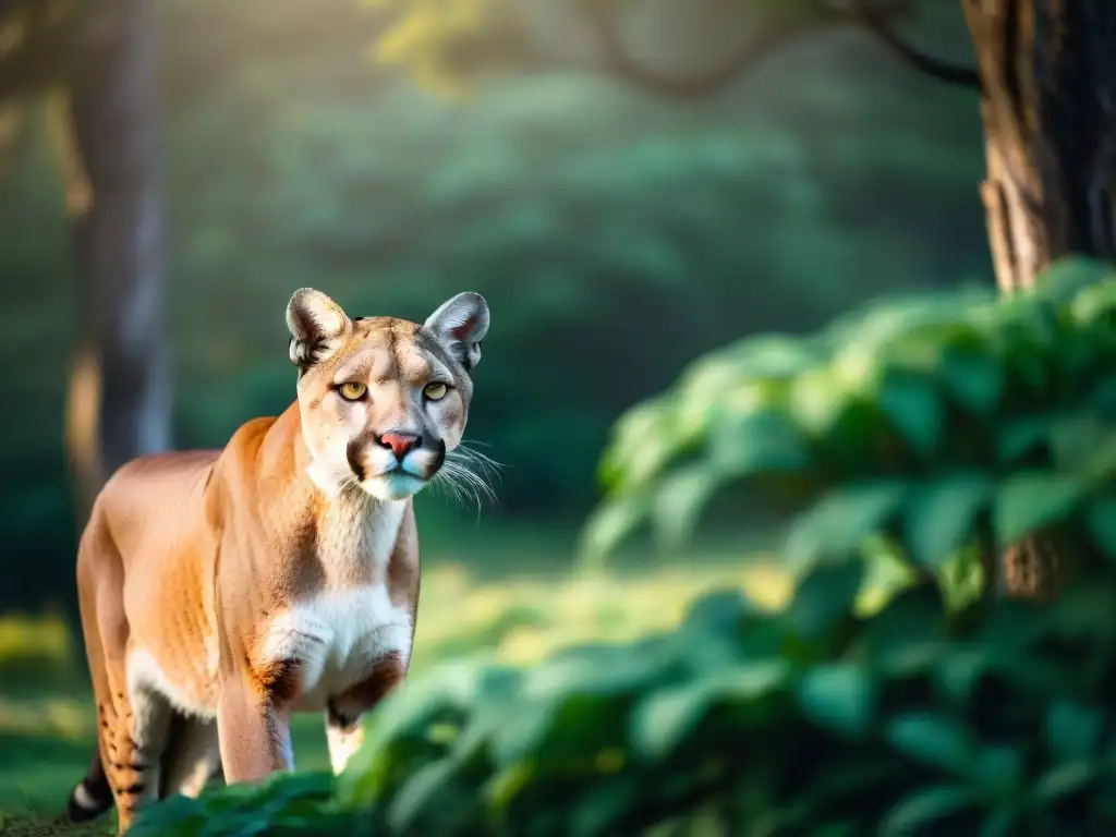 Un majestuoso puma se desliza sigilosamente en la exuberante vegetación de un bosque en Uruguay