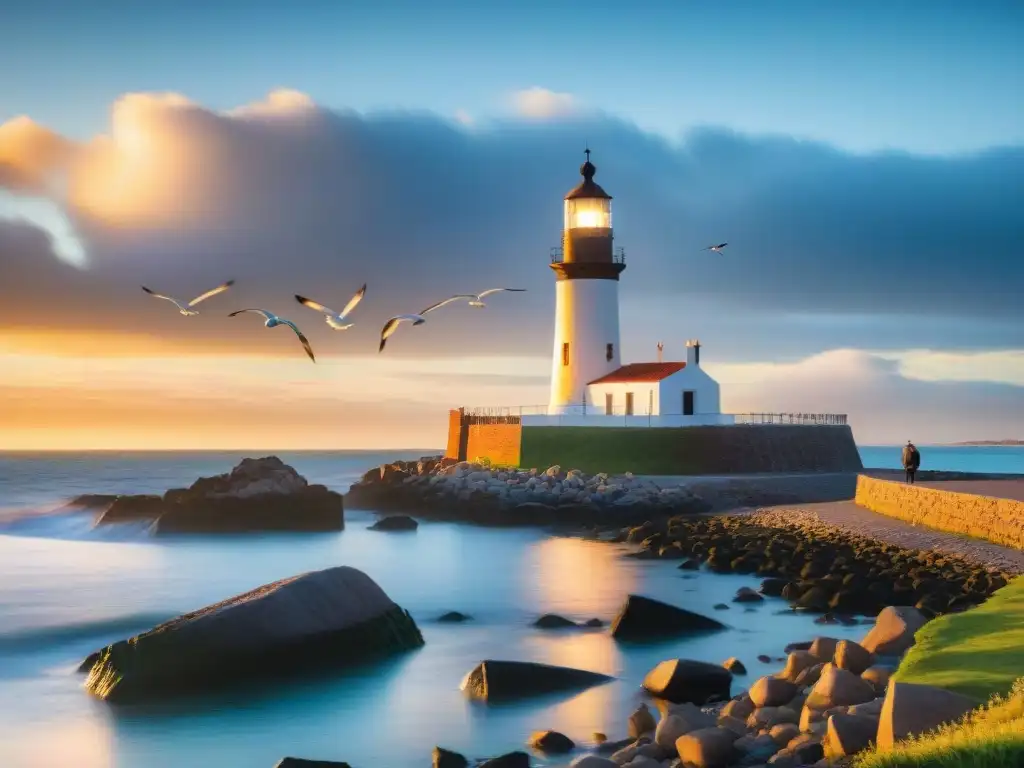 Atardecer mágico en el Faro de Colonia del Sacramento Majestuoso Faro de Colonia del Sacramento en Uruguay al atardecer, símbolo de la historia marítima de Uruguay