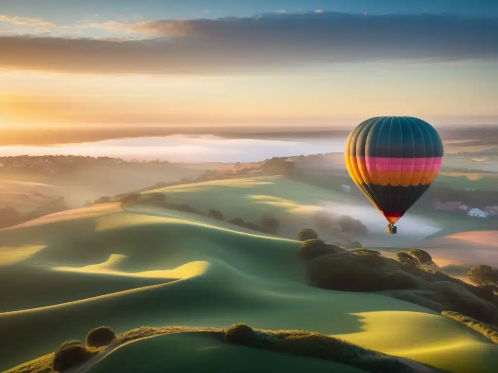 Un majestuoso globo aerostático flotando sobre Punta del Este, Uruguay, al amanecer