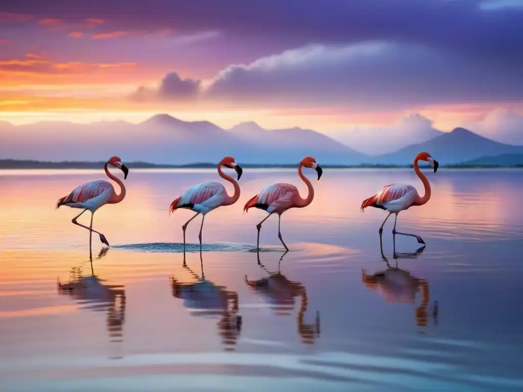 Un majestuoso grupo de flamencos coloridos en una laguna costera al atardecer, reflejando la importancia ecológica de las aves costeras en Uruguay