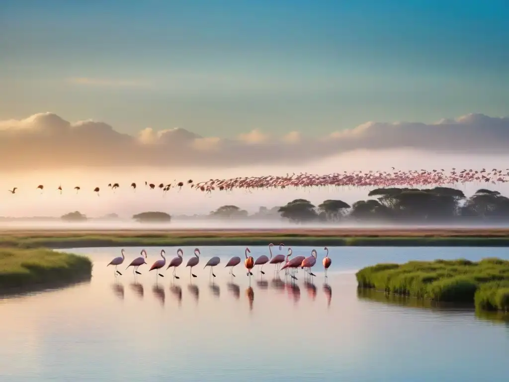 Un majestuoso grupo de flamencos migratorios volando sobre humedales en Uruguay al atardecer, destacando su plumaje rosado