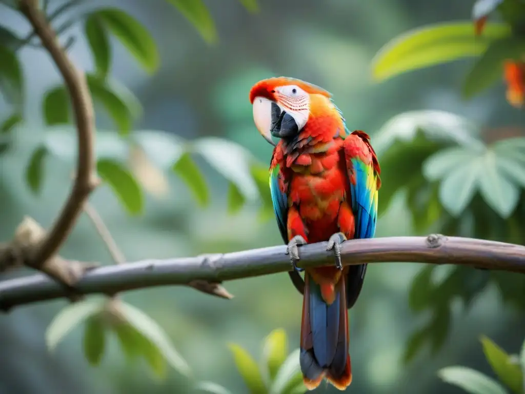 Un majestuoso guacamayo escarlata en un árbol, con plumaje brillante y ojos vigilantes