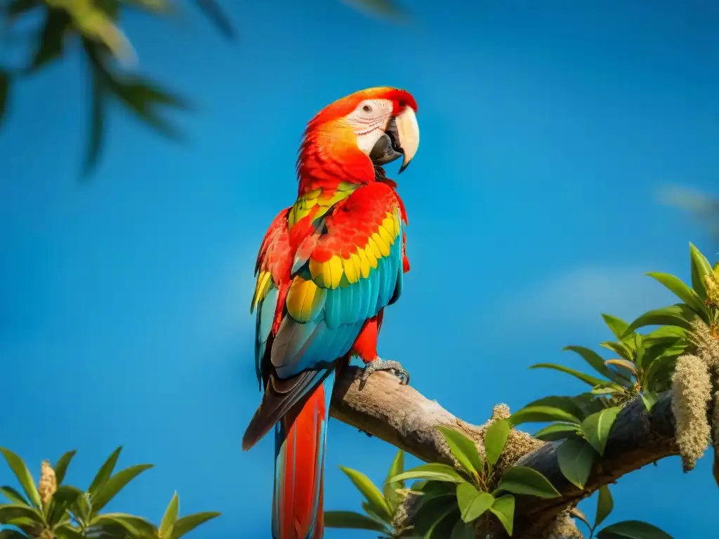 Un majestuoso Guacamayo Escarlata en un árbol, sus plumas iridiscentes brillan bajo el sol