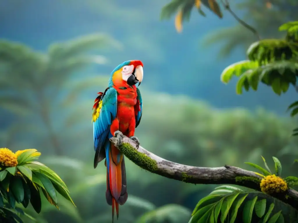 Un majestuoso Guacamayo Escarlata en la exuberante vegetación de un bosque tropical en Uruguay