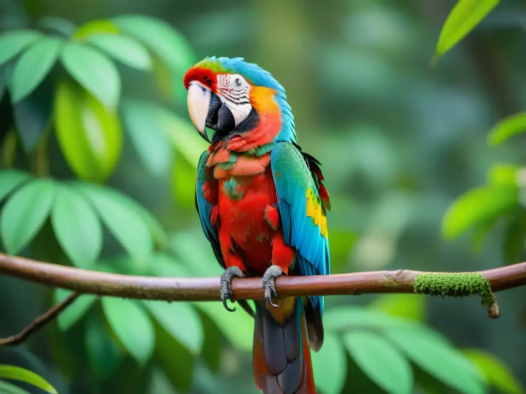 Majestuoso guacamayo rojo y verde en la selva, con plumaje colorido en primer plano