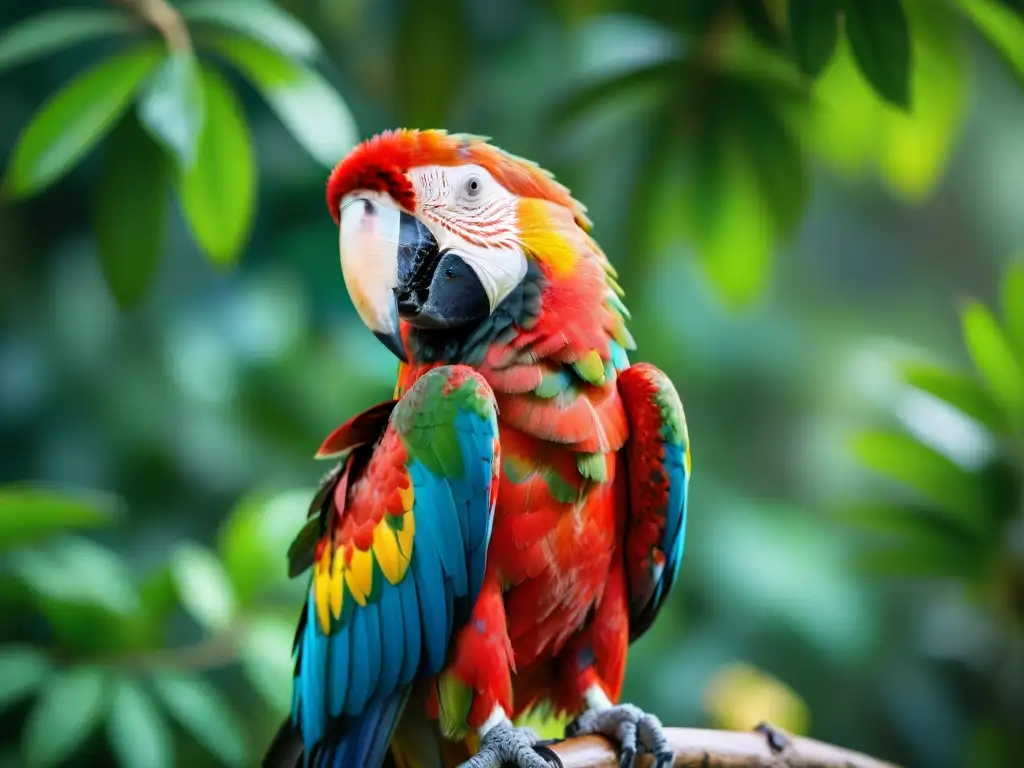 Un majestuoso Guacamayo Escarlata en la selva, destacando sus colores vibrantes