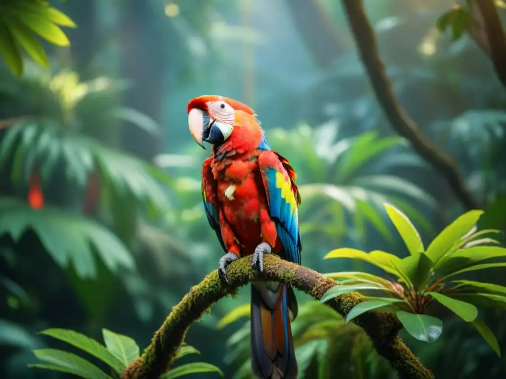 Majestuoso guacamayo escarlata en la selva tropical, detallado plumaje rojo, azul y amarillo