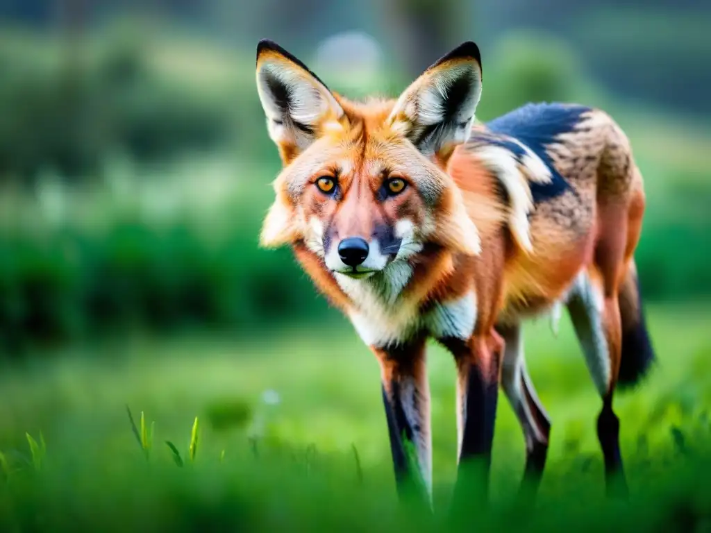 Un majestuoso Lobo de Crin en un campo verde de Uruguay al atardecer