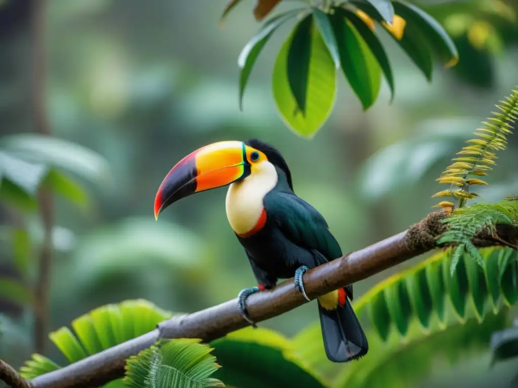 Un majestuoso tucán multicolor posado en una rama verde en la exótica Ruta del tucán en Uruguay