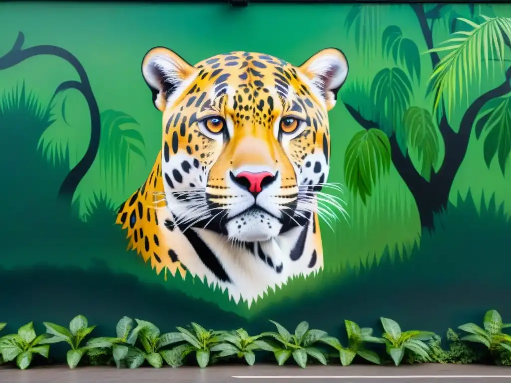 Un majestuoso mural de un jaguar en la selva de Uruguay, destacando su poder y gracia