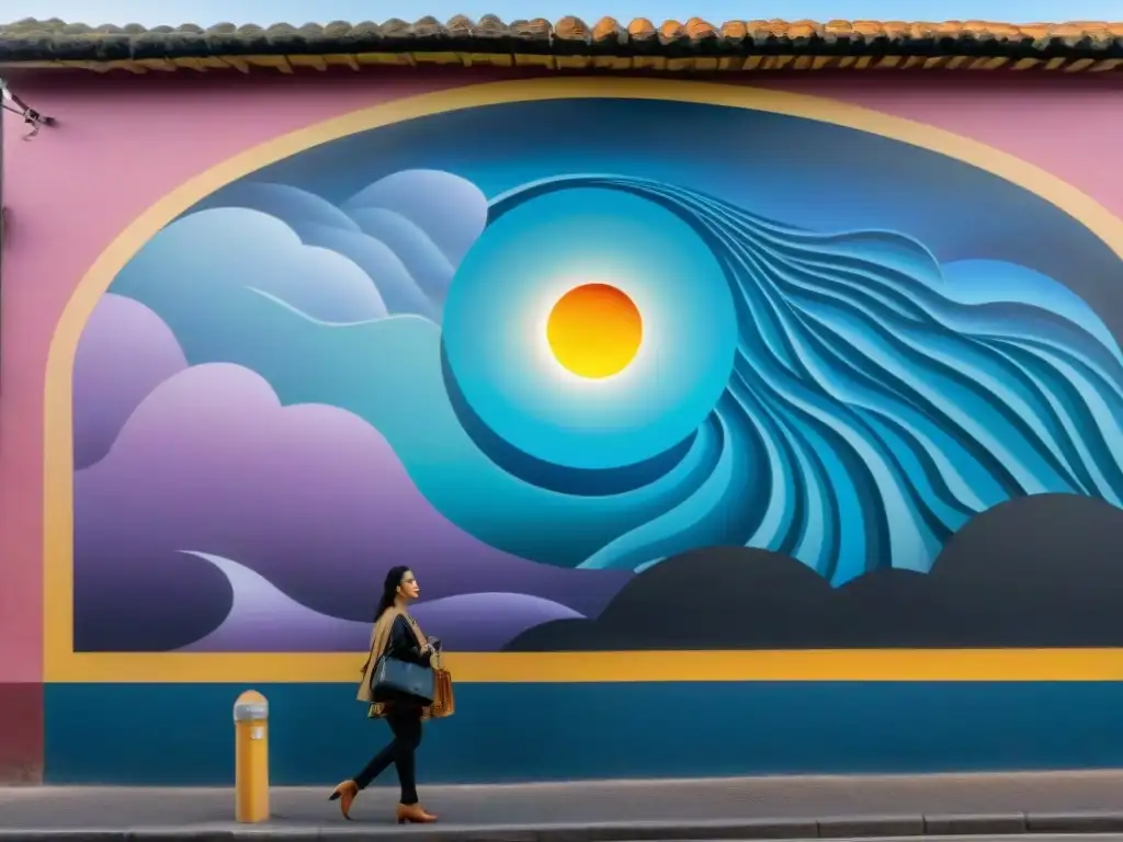 Majestuoso mural urbano de Uruguay cobra vida bajo la luna, revelando detalles y colores en la noche