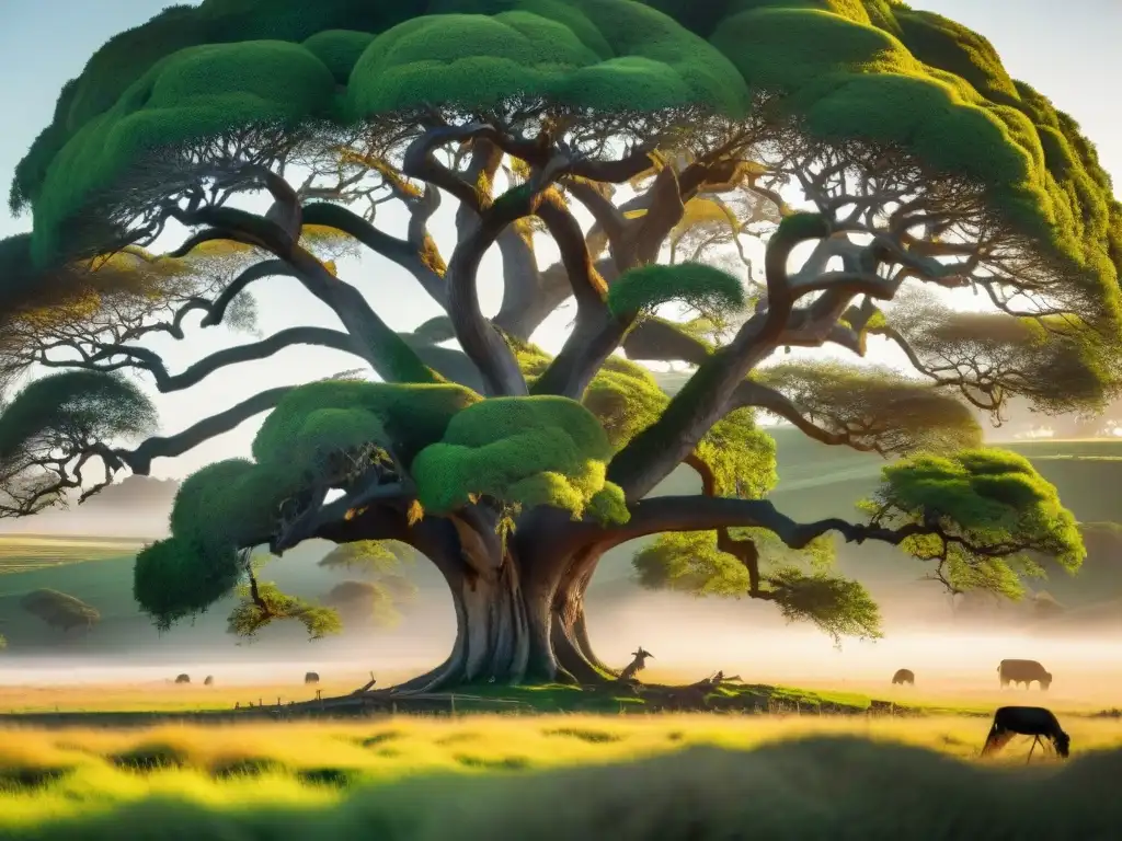 Majestuoso Ombú Solitario: detalle y vida en Uruguay El majestuoso Ombú Solitario en Uruguay iluminado por el sol dorado, con aves nativas y texturas vibrantes