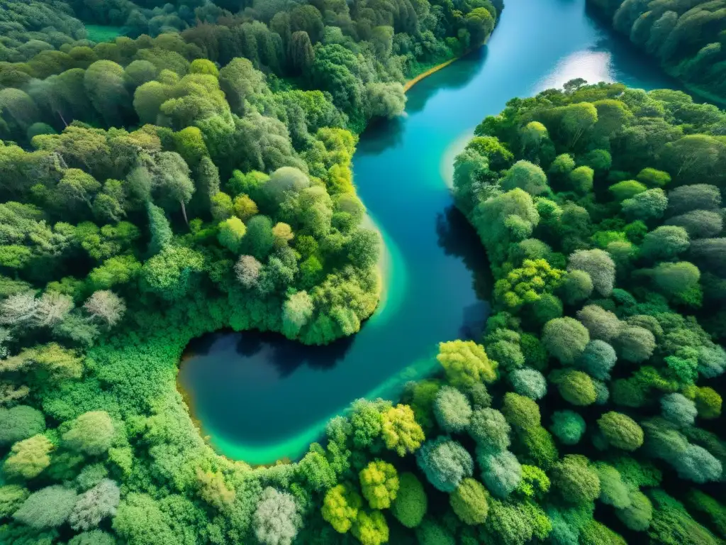 Un majestuoso paisaje de bosque verde en Uruguay con ríos serpenteantes