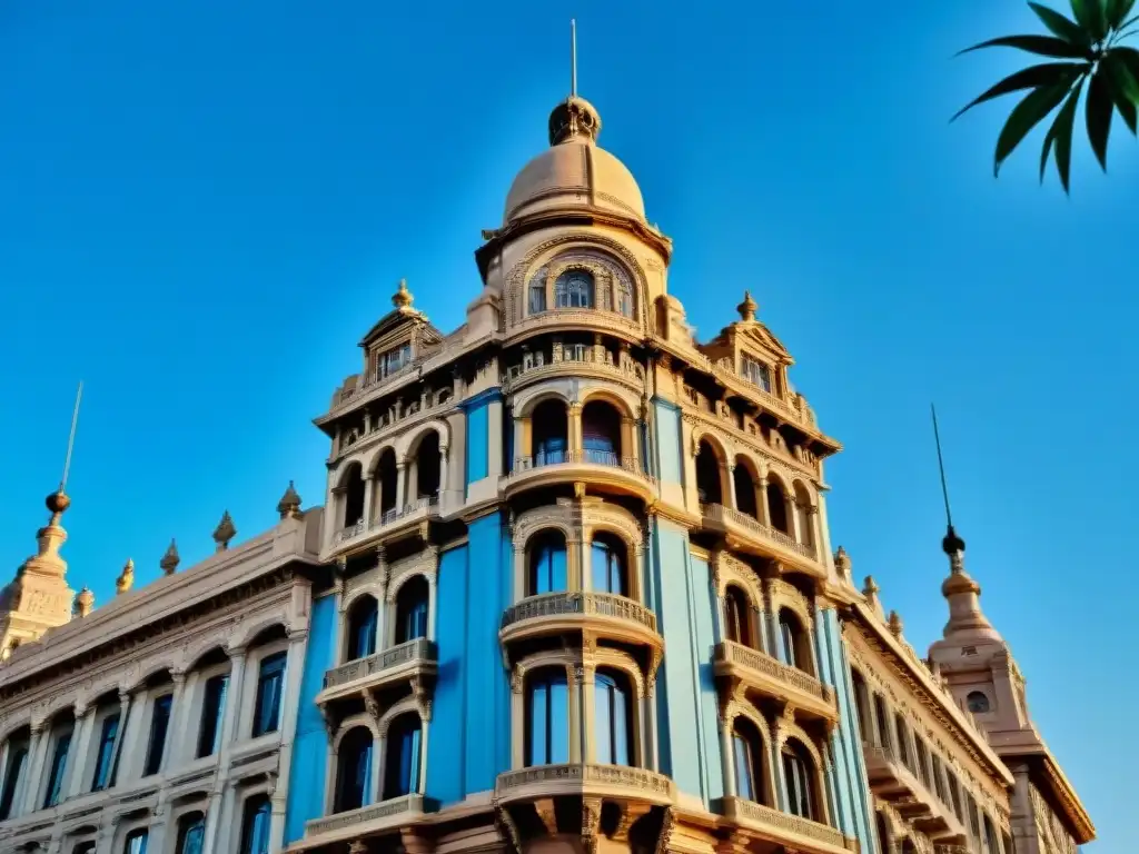 El majestuoso Palacio Salvo en Montevideo, destacando su arquitectura neogótica y su imponente altura contra un cielo azul, rodeado de vida urbana