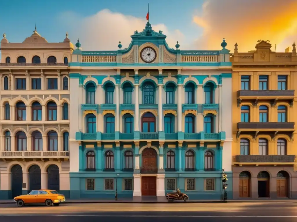 El majestuoso Palacio Salvo en Montevideo, Uruguay, refleja la riqueza cultural y patrimonial de la ciudad al atardecer