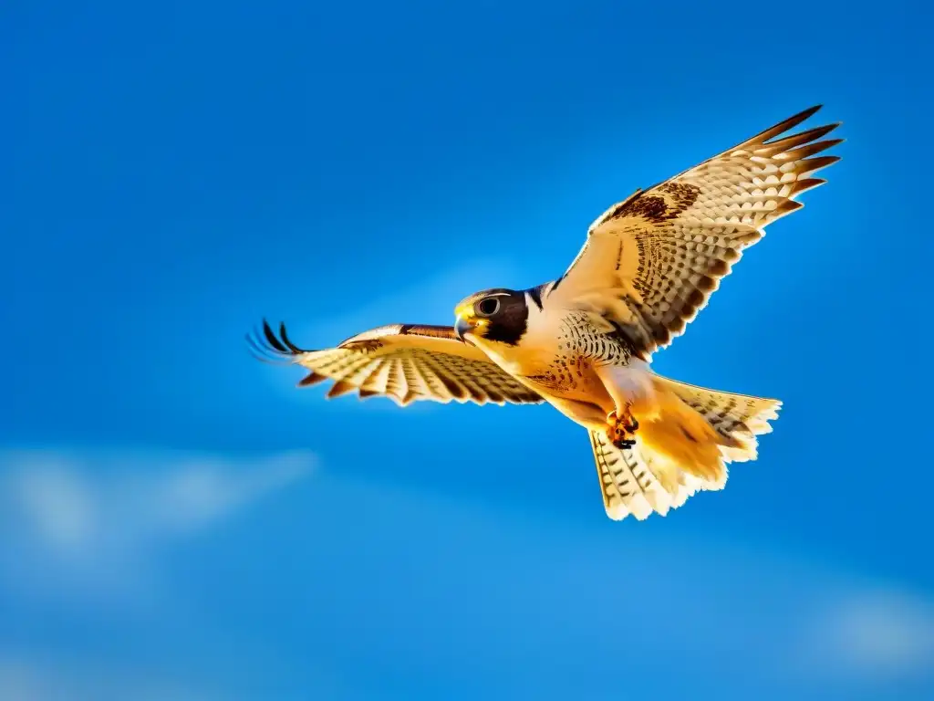 Un majestuoso Halcon Peregrino volando con destreza en cielo azul, mostrando su velocidad y poder