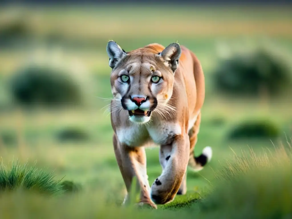 Majestuoso puma en plena carrera en pastizales uruguayos