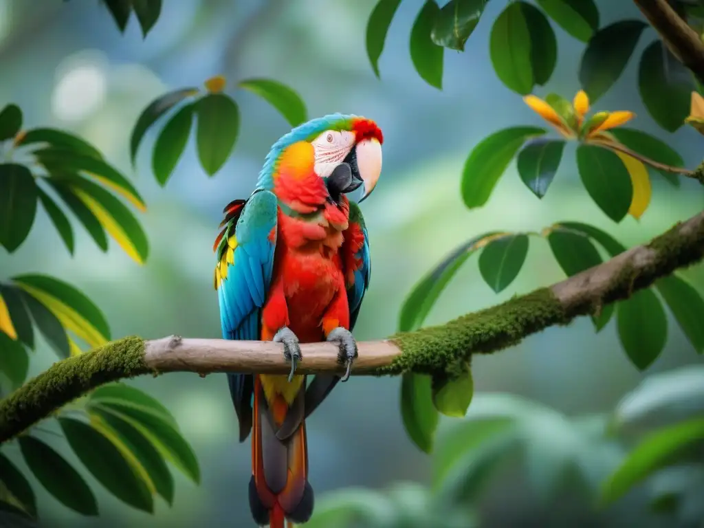 Un majestuoso Guacamayo Escarlata posado en una frondosa rama en el corazón de la selva tropical de Uruguay