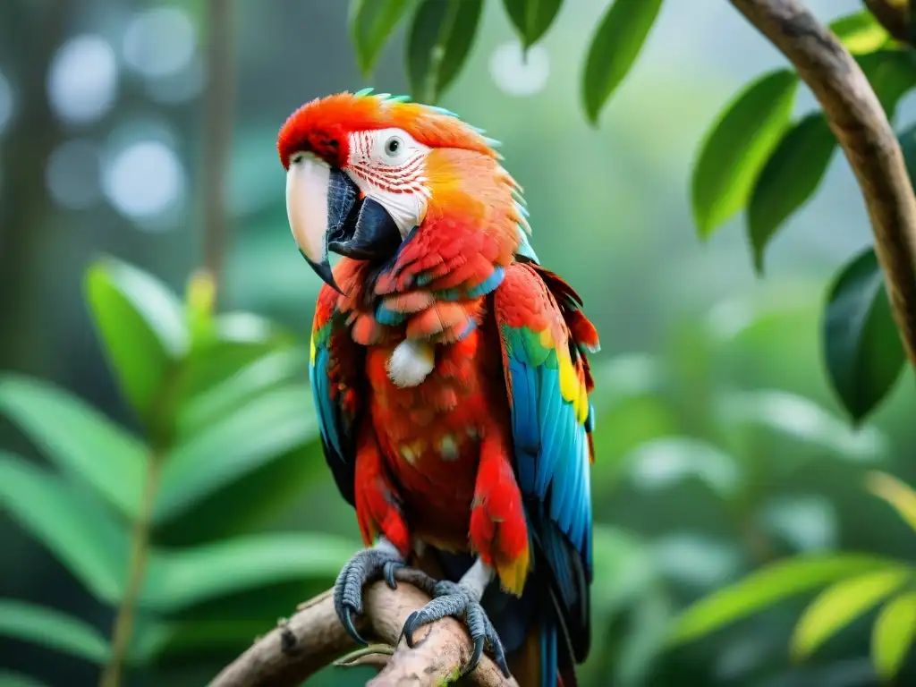 Un majestuoso Guacamayo Escarlata posado en una rama, mostrando sus colores vibrantes en los senderos de observación de aves en Uruguay