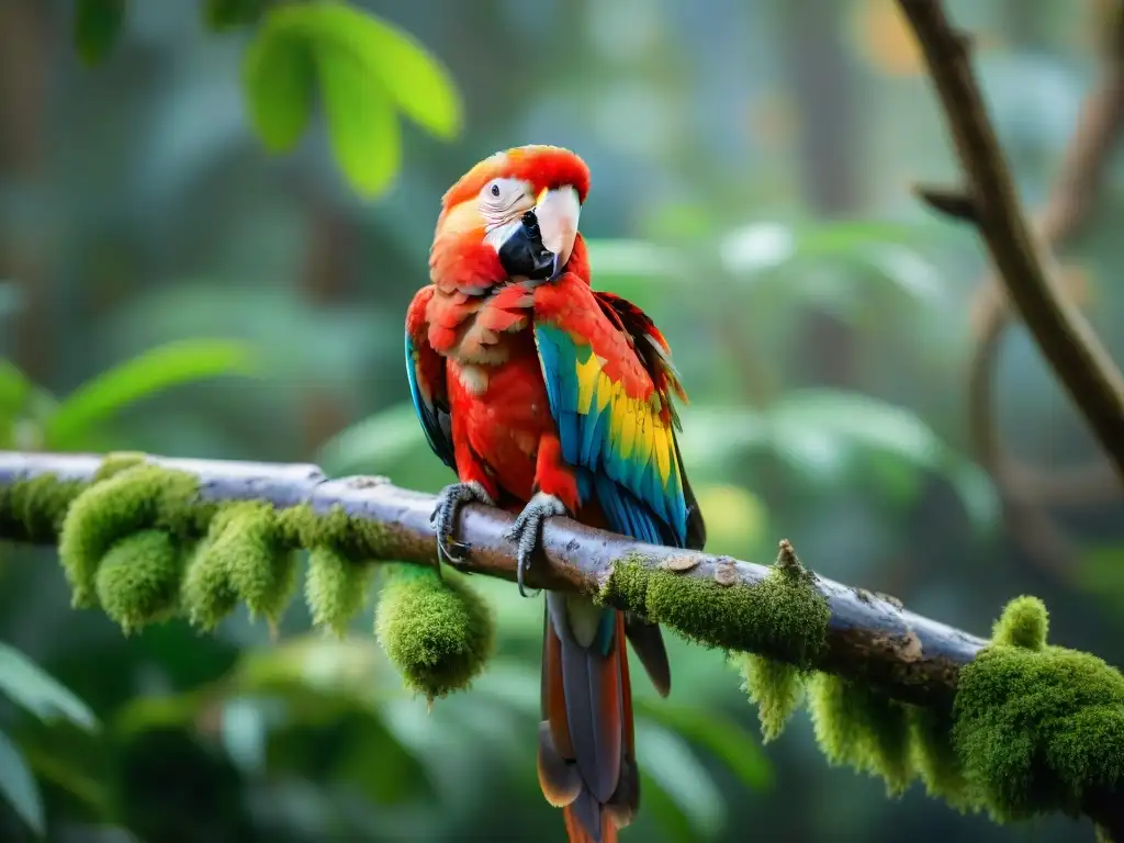 Un majestuoso guacamayo escarlata posado en una rama cubierta de musgo en la exuberante selva de las sierras uruguayas