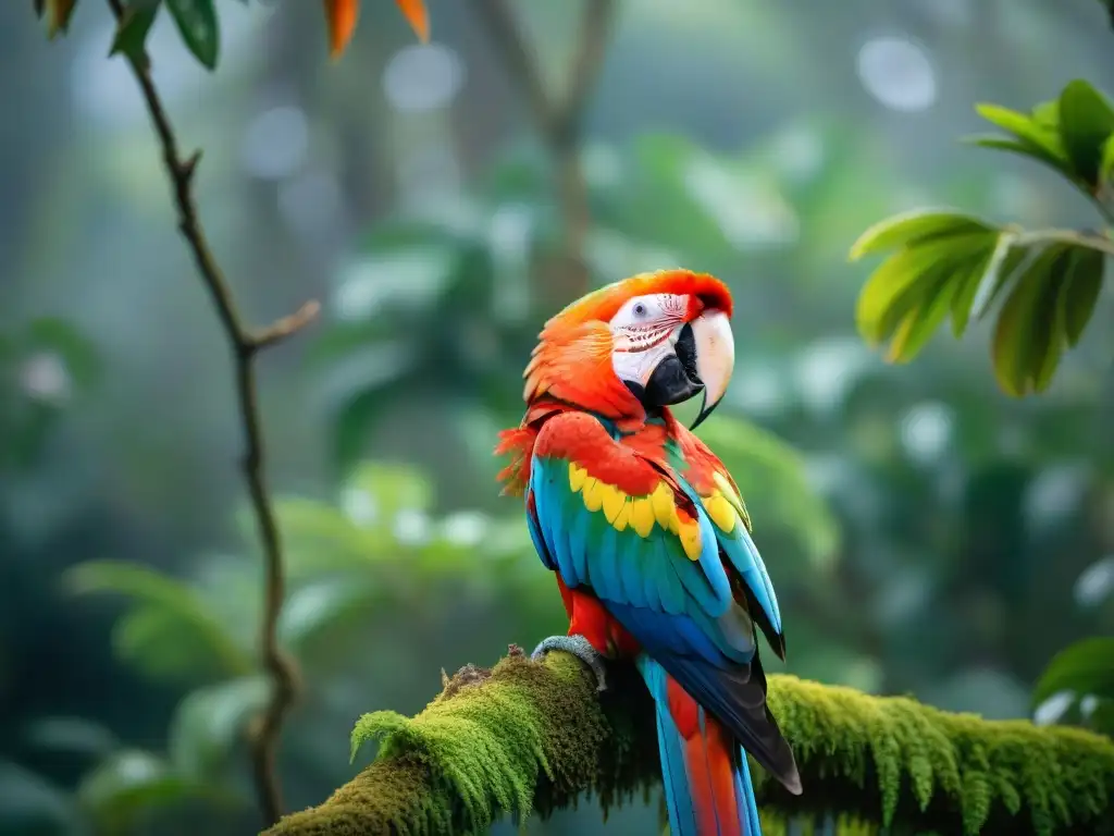 Un majestuoso Guacamayo Escarlata posado en una rama en el denso bosque lluvioso de Uruguay, destacando su plumaje colorido y mirada cautivadora