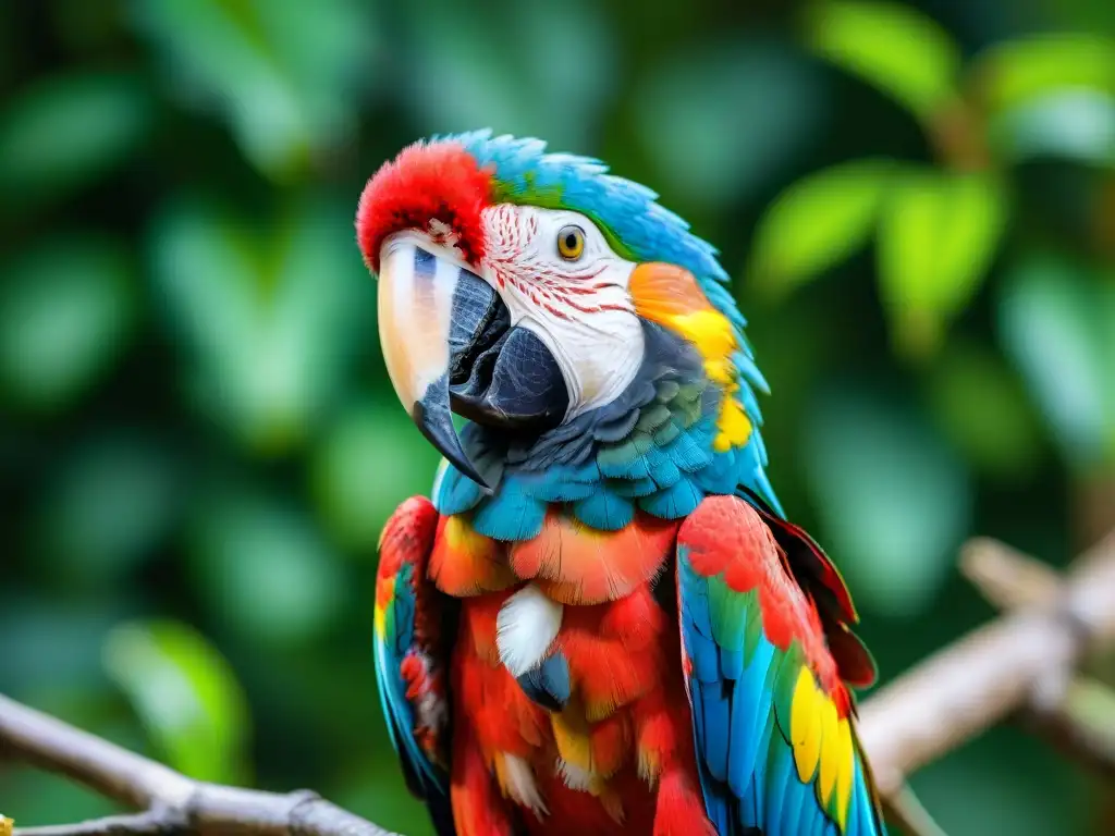 Un majestuoso guacamayo escarlata posado elegantemente en una rama, con plumaje vibrante y mirada intensa en la exuberante selva tropical de fondo