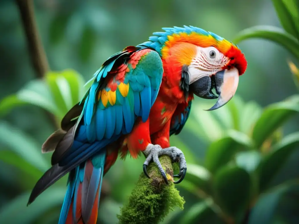 Un majestuoso Guacamayo Escarlata posado en una rama verde en la selva de Uruguay