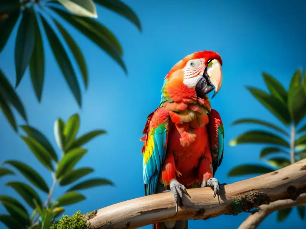 Un majestuoso Guacamayo Escarlata posado en una rama verde exuberante, su plumaje iridiscente deslumbra bajo el sol