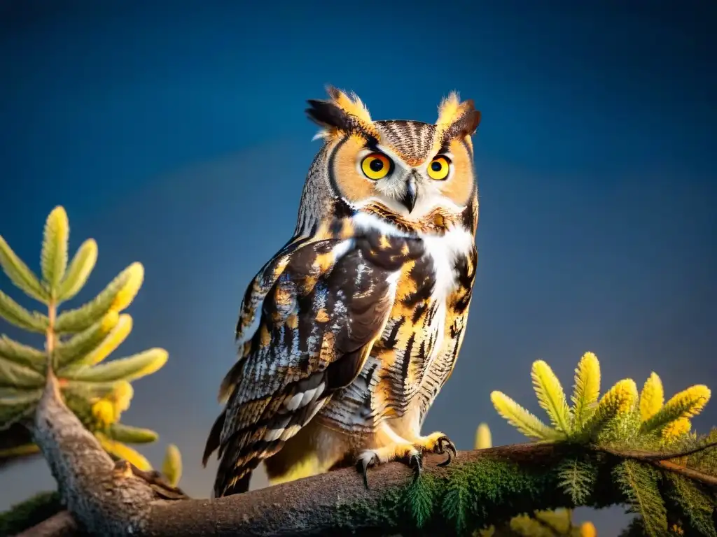 Majestuoso búho cornudo en rama nocturna bajo la luna en un bosque denso de Uruguay