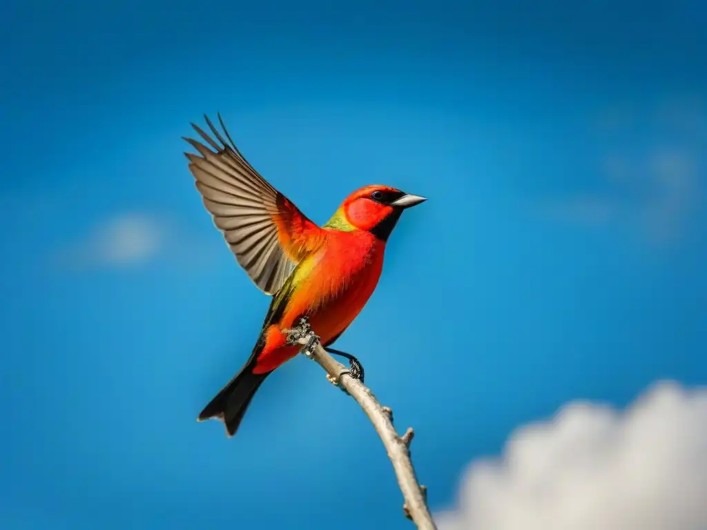 Majestuoso Scarlet Tanager en vuelo, resaltando su plumaje vibrante frente al cielo azul