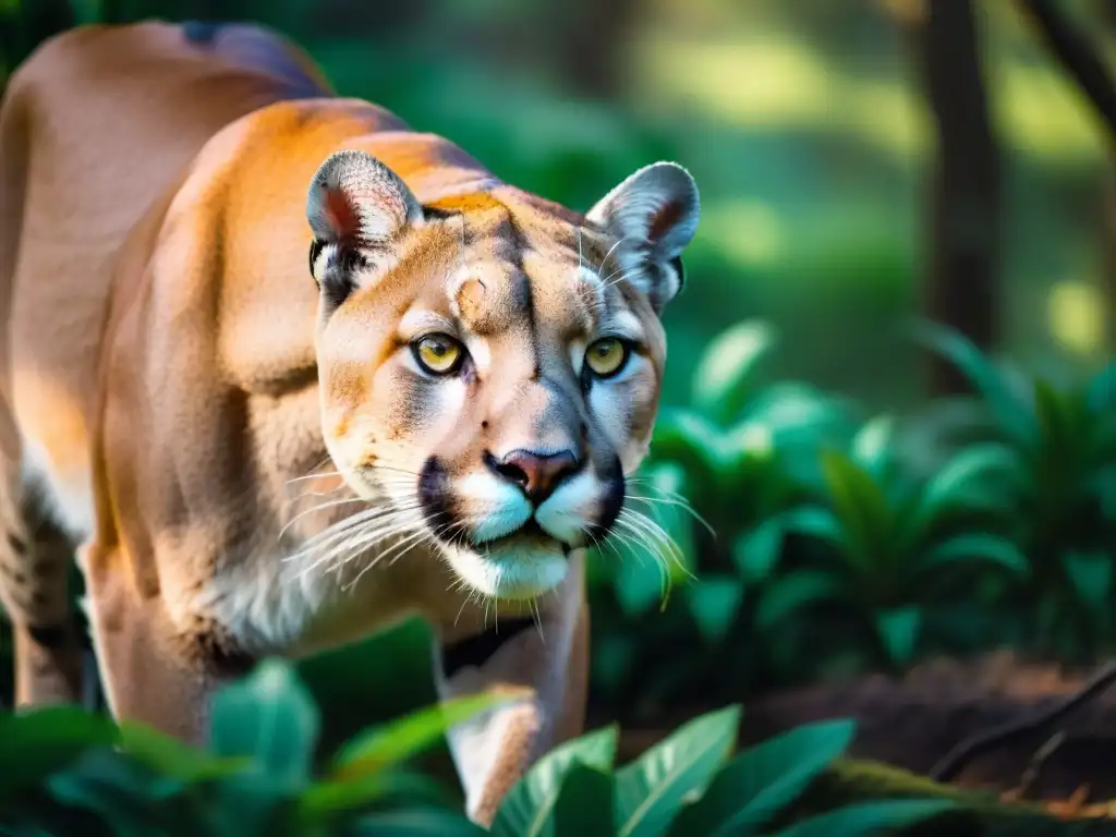 Un majestuoso Puma avanza sigiloso entre la exuberante vegetación de la selva uruguaya